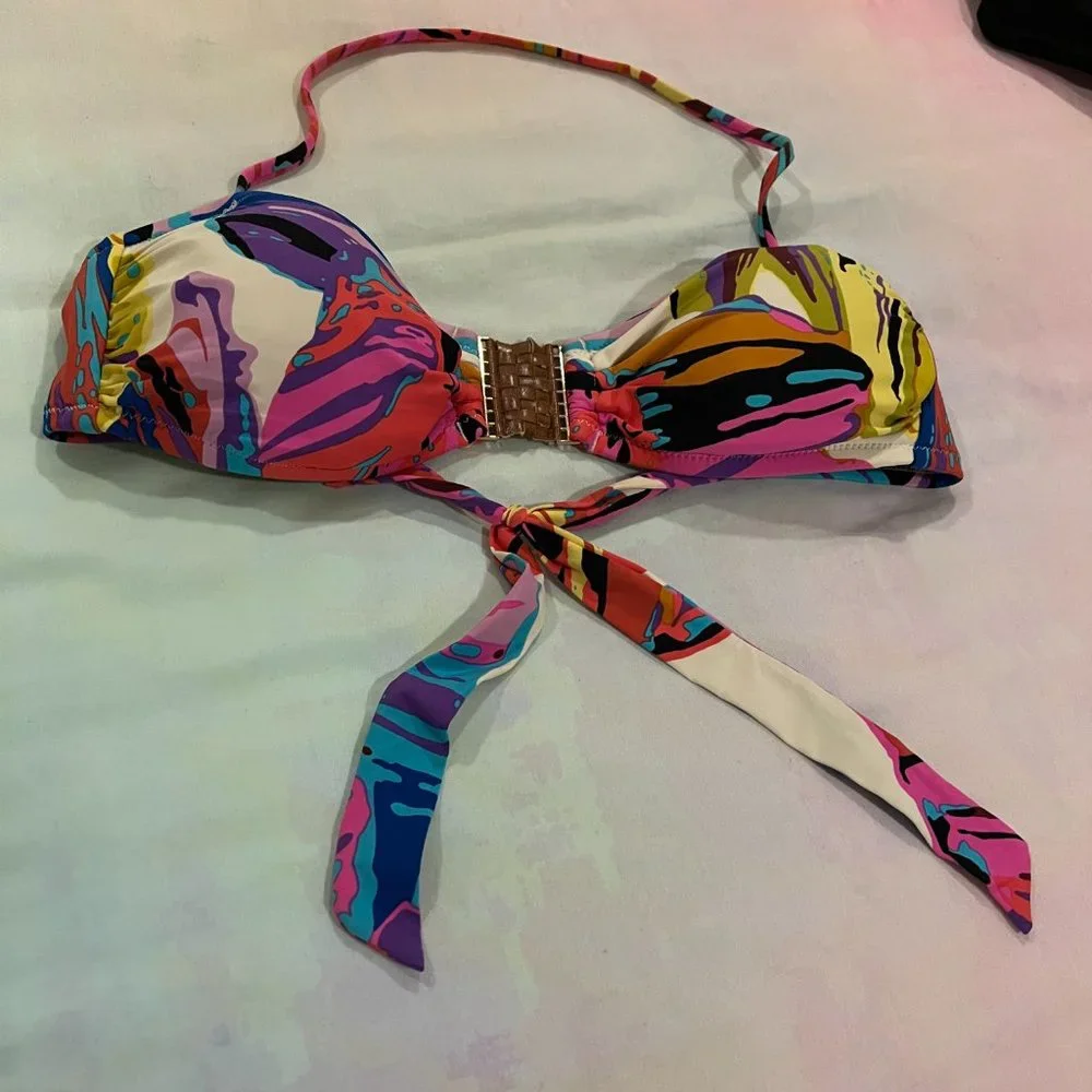 EUC ABS Colorful Abstract Print Bandeau Top with Leather Accent Sz 6 - Picture 4 of 7